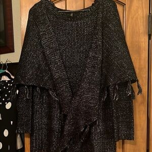 Black and White Knit Poncho with Fringe